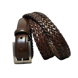 Men's Woven Braided Brown Genuine Leather Stretch Belt Silver Buckle Argentina